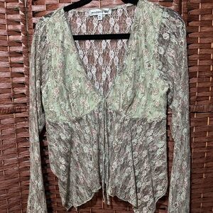 madden girl Sage Green Lace Tie-Front Women's Floral Sheer Long Sleeve Blouse